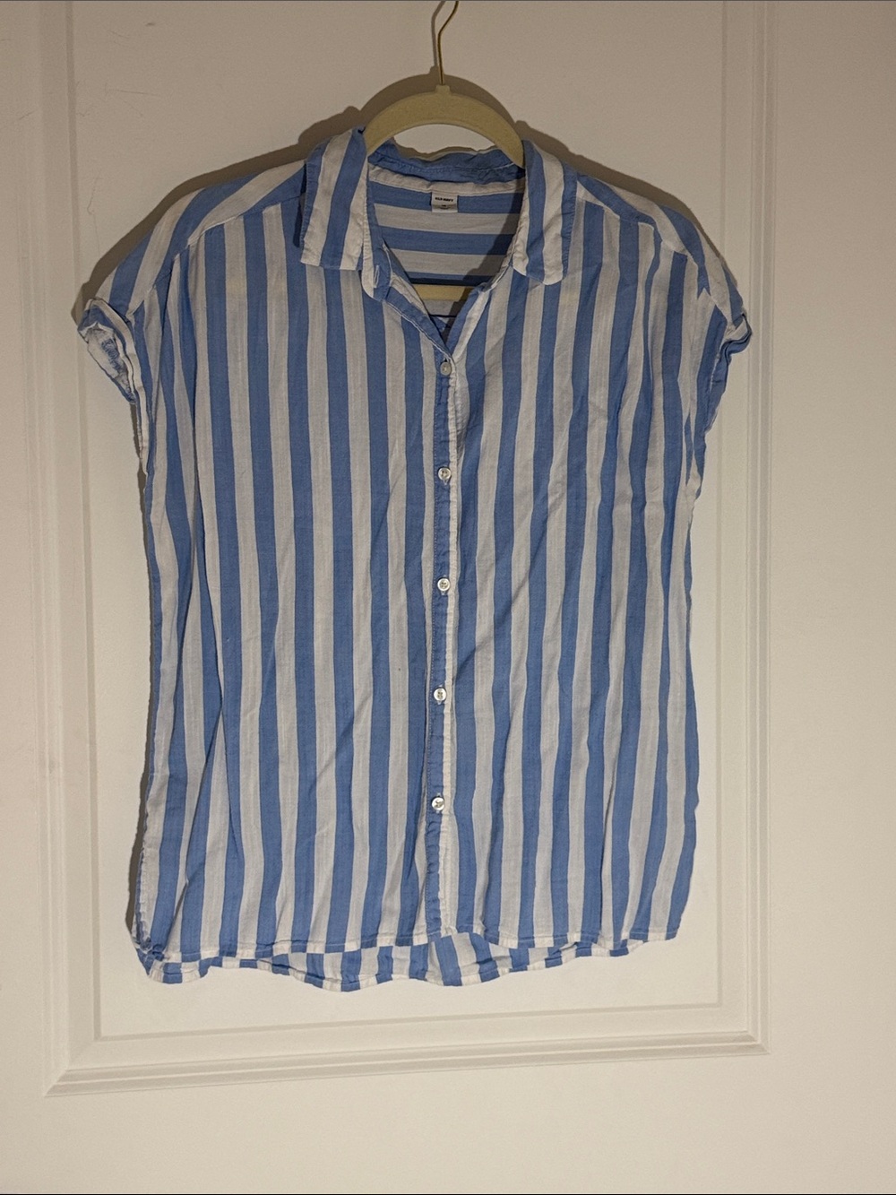 Old Navy Blue and White Vertical-Stripe Short Sleeve Button-Up Blouse